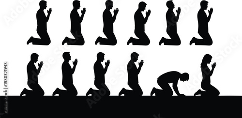 Kneeling man and woman praying silhouette set isolated on white background, spiritual worship faith and devotion illustration collection