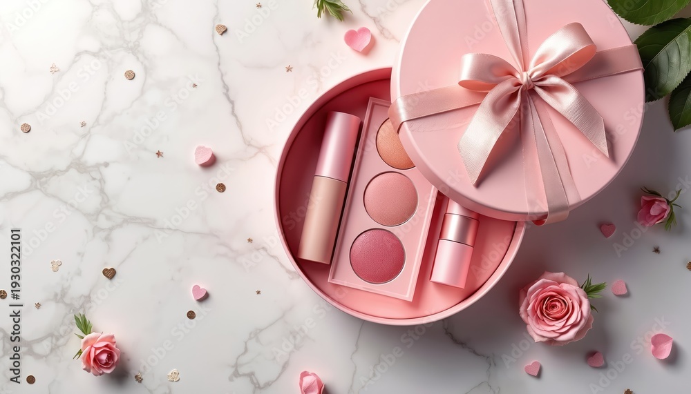 Obraz premium Pink makeup gift box contains lipstick and lip gloss palette with blush. Beauty cosmetic collection with satin ribbon and rose flowers. Feminine pamper present for girl.