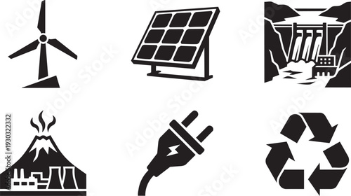 Renewable Energy, Green Technology and Sustainable Power Sources Silhouette Icon Set Vector Illustration