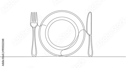 Minimalist One Line Drawing of a Plate, Fork, and Knife - Ready to Eat