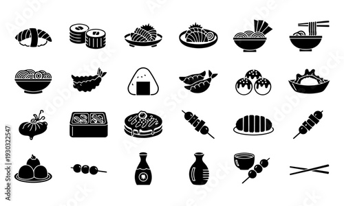 Japanese Food Silhouette Icons – Sushi, Ramen, Tempura and Asian Cuisine Vector Set