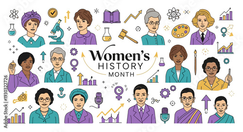 Illustration of diverse women leaders and changemakers celebrating Women's History Month with various icons and symbols against a clean white background.