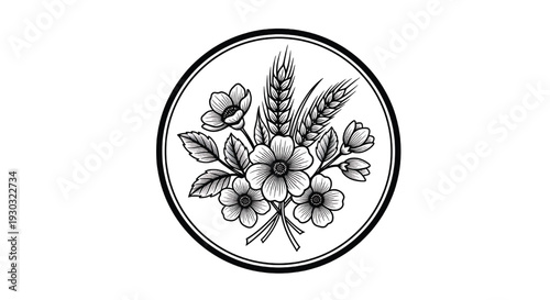 Bouquet floral emblem with wheat ears and wildflowers in circular frame, black and white vintage line art illustration