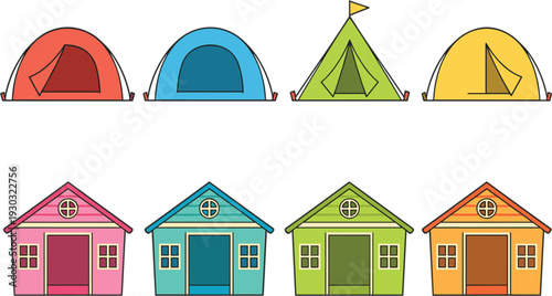 Row of colorful camping tents and small houses for outdoor travel tourism vacation rental and holiday accommodation concept