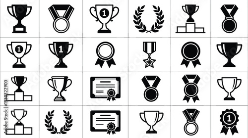 Trophy and medal icon set, award certificate winner podium vector collection isolated on light background illustration