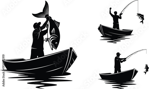 Black Fishing Silhouette Collection Featuring Fishermen in Boats Catching Large Fish and Reeling in Big Game for Outdoor Adventure and Hobby Designs