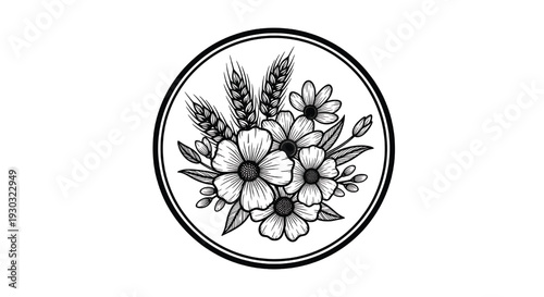 Floral wreath line art badge with wildflowers and wheat ears in circular frame, monochrome botanical emblem illustration