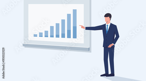 スクリーンのグラフを指しながらプレゼンをする人のベクターイラスト