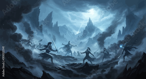 Vector illustration of fantasy warriors in a dark mystical landscape