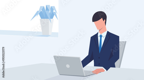 植物のある窓辺でデスクワークをする人のベクターイラスト