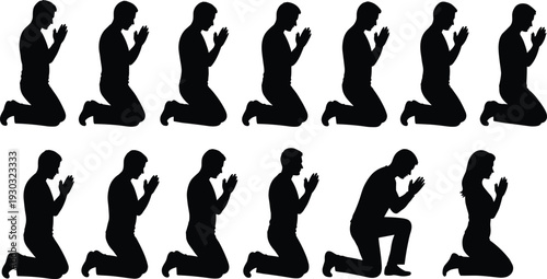 Praying man and woman silhouette set isolated on white background, kneeling prayer poses spiritual worship and faith illustration collection