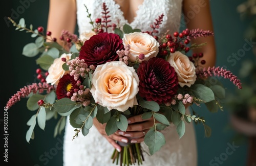 Bride holds elegant peach rose, burgundy dahlia bouquet with red berries, eucalyptus. Floral arrangement features lush green plants for wedding ceremony. Romantic celebration details. Love blooms.
