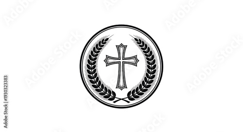 Cross emblem with laurel wreath in circular badge, vintage black and white religious symbol for church logo design