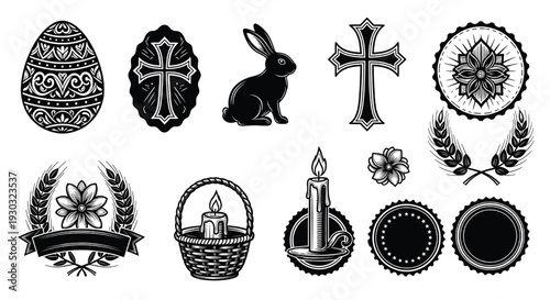 Easter icons vintage set with decorated egg, rabbit silhouette, crosses, candle, wicker basket, floral badges and laurel wreaths
