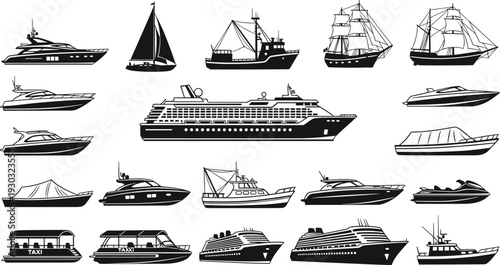 Large Set of Nautical Vessel Silhouettes Including Cruise Ships Yachts Sailboats Fishing Boats Speedboats and Ocean Transport Icons for Marine Design Projects
