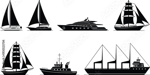 Sailboat and ship silhouette collection including yacht cargo vessel and tall sailing ship isolated on white background nautical vector illustration set