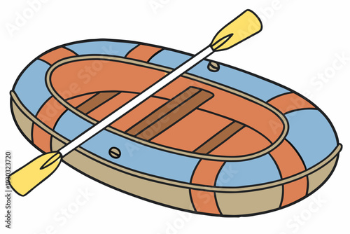 A colorful cartoon-style inflatable boat with wooden slats inside and a single double-bladed yellow oar resting diagonally across it. The design is playful and simple.