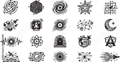 A set of logos, badges, symbols - modernism, futurism, retro, vintage. Hand drawn vector illustration