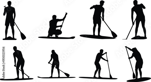 Stand up paddle boarding silhouette set isolated on white background, SUP surfer men in different poses paddling and balancing on board, water sport illustration