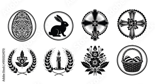 Easter icons set with ornate egg, bunny silhouette, floral crosses, wreath emblems, candle, bouquet, and basket stamps