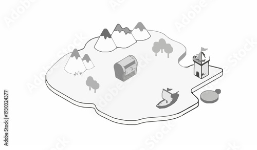 Isometric Treasure Island Map Outline Vector Medieval Fantasy Adventure Game Illustration