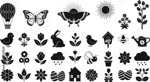 Black silhouette vector set featuring spring garden icons like butterflies flowers rabbits birds hot air balloon and clouds isolated on a white background background.