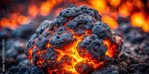 Lava rock appears bright orange as it cools on the surface of a volcanic site. The scene shows active lava flows glowing at night, creating a dramatic landscape