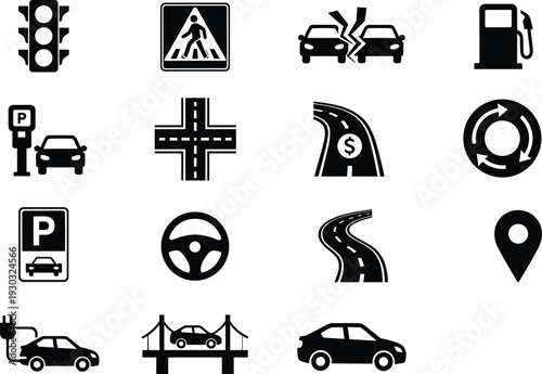 Traffic and road transportation icons set car accident parking fuel station steering wheel map pin electric vehicle vector collection