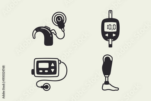 Medical Assistive Devices Set: Cochlear Implant, Glucometer, Insulin Pump, Prosthetic Leg