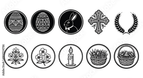 Easter icons set with decorated eggs, bunny badge, Christian cross, laurel wreath, spring flowers, candle and baskets