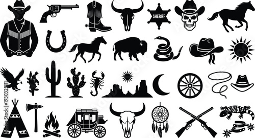 Wild West cowboy icon set with sheriff badge, revolver, horse, skull, cactus, wagon, western silhouette vector collection