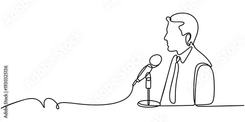 Reporter holding microphone illustration in continuous one line drawing. News reporter broadcasting concept in a minimalist vector art style.