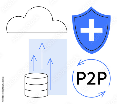 Data security, cloud computing, peer-to-peer sharing, IT infrastructure, digital storage, secure transfer. Image features cloud icon, shield server arrows P2P text. Data security and cloud