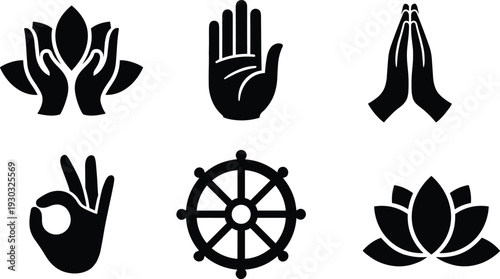 Yoga and meditation symbols set, lotus flower hands mudra buddhism wheel black silhouette vector collection isolated on white background