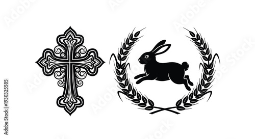 Cross ornament and rabbit in wheat wreath black silhouette emblems, religious symbol and farm harvest logo icons on white