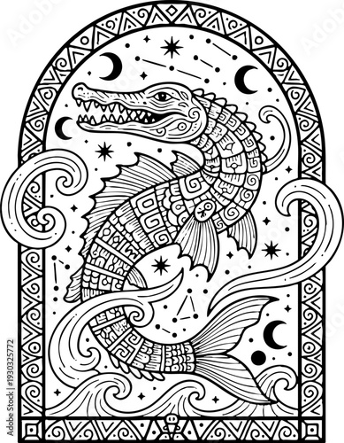 Mythical Sea Creature Ornate Line Art Illustration