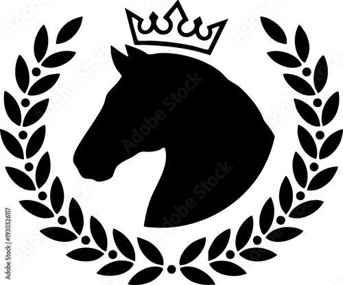 Crowned Horse Head Silhouette in Laurel Wreath Emblem