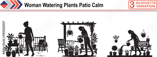 Silhouette of Woman Watering Potted Plants on Sunlit Patio at Sunset, Calm Lifestyle Concept
