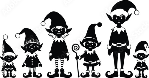 Black silhouette vector set of cute Christmas elves wearing Santa hats and festive holiday costumes isolated on a plain white background for winter decor.