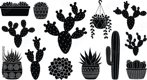 Black silhouette vector set of various desert plants including prickly pear cactus saguaro succulents and hanging string of pearls isolated on a white background.