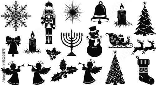 Christmas holiday silhouette collection featuring Santa Claus snowman reindeer nutcracker bells winter trees candles and festive decorative elements isolated on white background for seasonal design