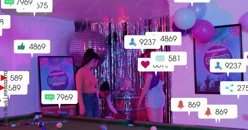 Obraz premium Playing 4 women leaning over pool table at party wearing casual clothes, holding cues, social icons