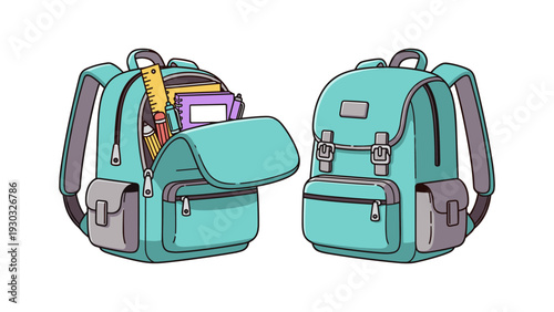 Two turquoise backpacks with one open to showcase school supplies including a ruler, notebooks, and folders