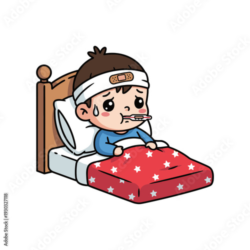 An injured child with a bandage on the forehead is crying and lying in bed holding a pillow