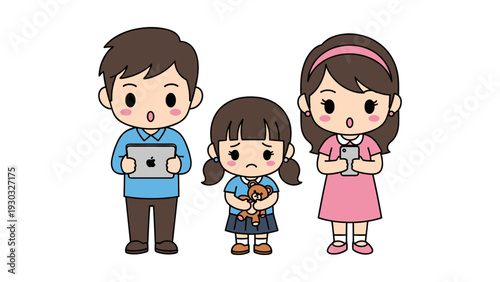Three children holding various gadgets, including a tablet, smartphone, and camera, standing together