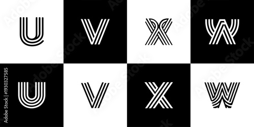 Icon Set Vector of 8 Striped Letters U V X W