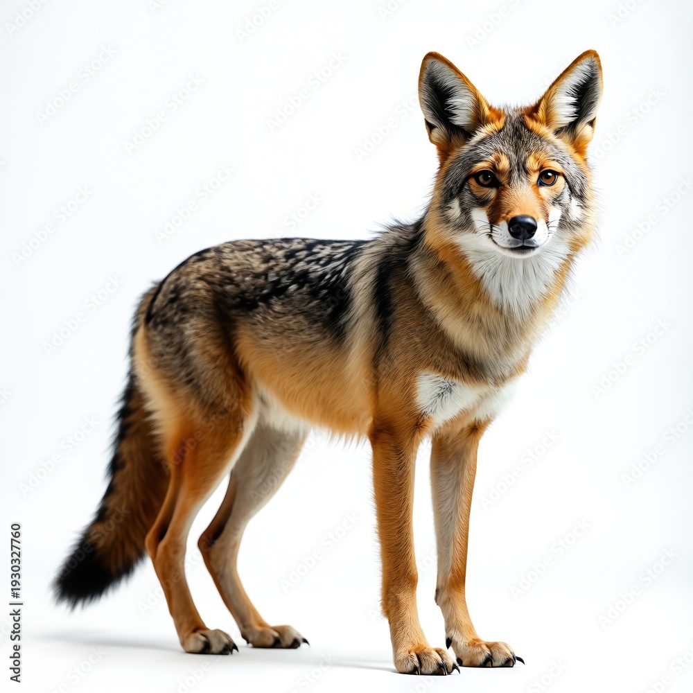 Naklejka premium Coyote stands on white background. Wild canid with pointed ears and bushy tail. This North American mammal is a skilled hunter and scavenger, known for its adaptability in various environments.