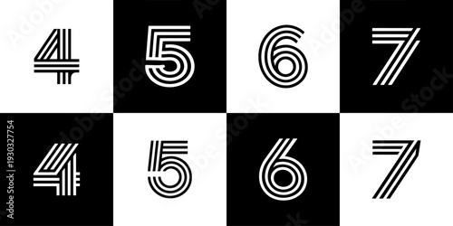 Icon Set Vector of 8 Striped Numbers Four Five Six Seven