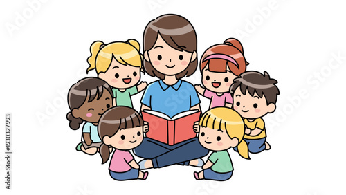 A teacher sits with a group of attentive children while reading from a book in a classroom setting