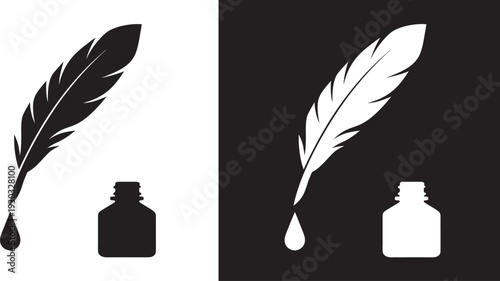 Feather with drop of ink and bottle, vintage quill pen and inkwell Illustration on white background